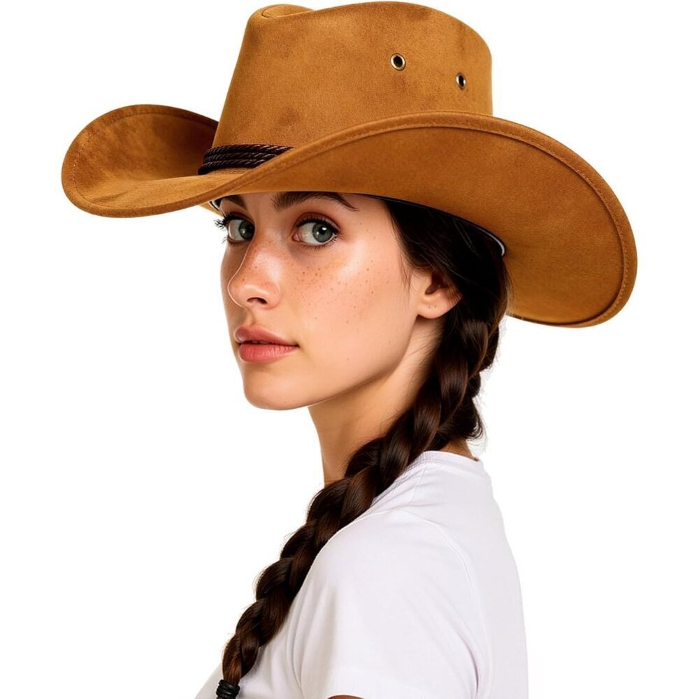 Men's Yellow Western Suede Wide Brim Braided Band Classic Fedora Cowboy Felt Hat